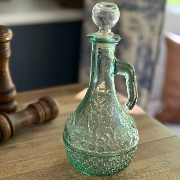 Vintage Green Glass Oil Cruet with Stopper & Handle | Embossed Grape Pattern - Picture 1 of 6